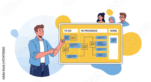 Illustration of a team collaborating on a project using a Kanban board for organization