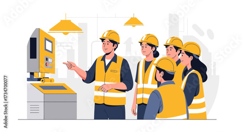 Illustration of a team of industrial workers receiving training on operating factory machinery