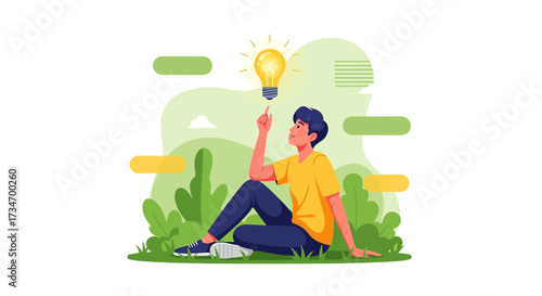 Illustration of a young man having a brilliant idea while sitting in nature surroundings