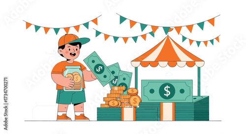 Illustration of a young entrepreneur with a successful business idea, market stall and savings,