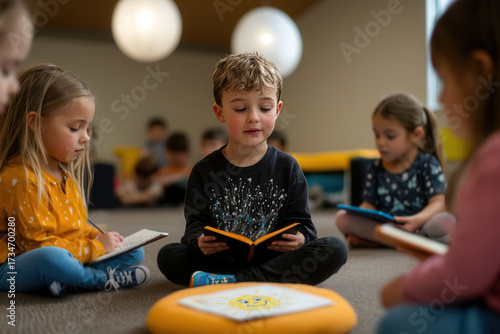 Children sitting on a classroom floor while one boy reads intently and classmates engage in learning activities, highlighting focus, early literacy and classroom collaboration