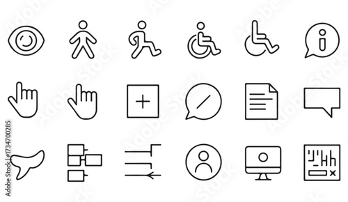 Inclusive design line icons with wheelchair, assistive gestures, chat bubbles, information, and document symbols in modern outline style