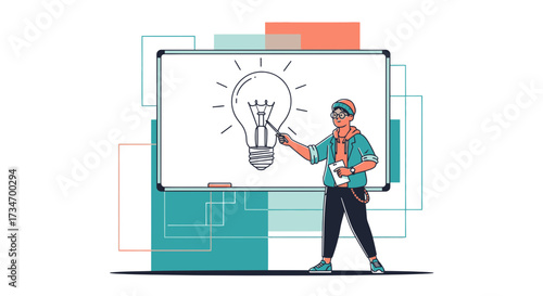 Illustration of a young man presenting a bright idea on a whiteboard in a modern style showcasing