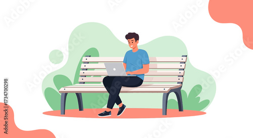 Illustration of a young man working on a laptop while sitting on a park bench freelance lifestyle