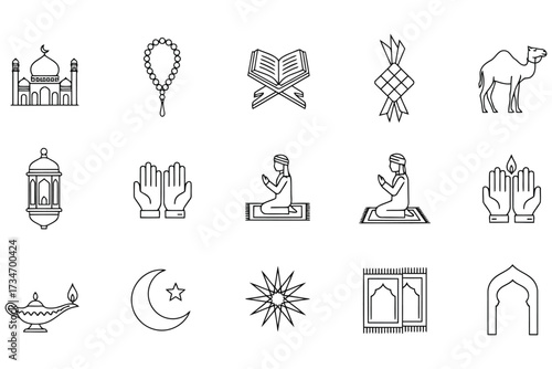 Vector art of collection of fifteen islamic icons, representing mosque, prayer beads, quran, ketupat, camel, lantern, hand, sun, star, and other religious symbols