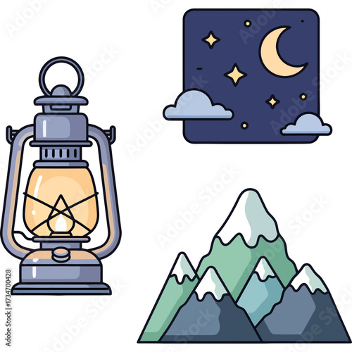 Camping Essentials Lantern, Mountain Views, and Starry Night Vector Art