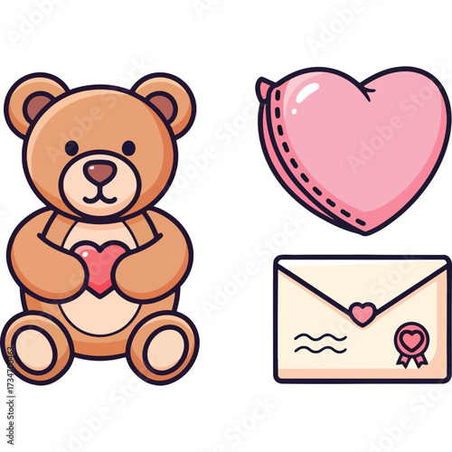 Cute Teddy Bear Holding a Heart with Valentine's Day Symbols Including a Pillow and Envelope
