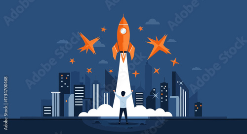Illustration of rocket launch and person with raised arms signifying success and business startup