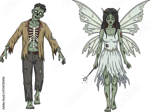 Zombie character, dark fairy, horror fantasy, creepy wings, undead monster, spooky illustration, scary artwork, Halloween theme, eerie magic, nightmare design