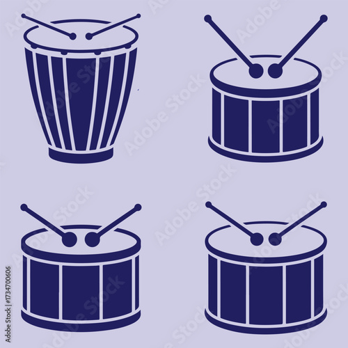 Four Blue Drums with Drumsticks on Light Purple Background