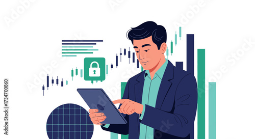 Investor analyzing stock market data on a tablet with secure online trading platform