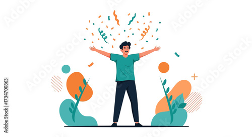 Joyful celebration with confetti and cheerful man expressing victory achievement
