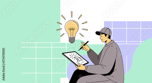 Man Illustrating Creative Idea on Tablet with Light Bulb Icon Symbolizing Innovation