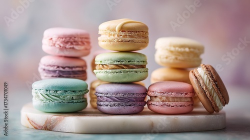   A stack of colorful macaroons sits atop a marble slab of countertop