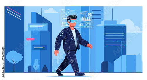 Man Experiencing Augmented Reality in a Futuristic Cityscape with Advanced Technology Integration