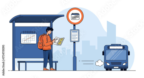 Man plans trip at bus stop with calendar bus schedule and city skyline background