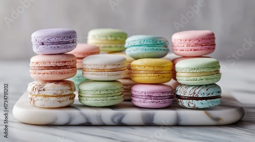  A cluster of vibrant macaroons resting on a pristine white marble platter atop a sparkling white marble surface