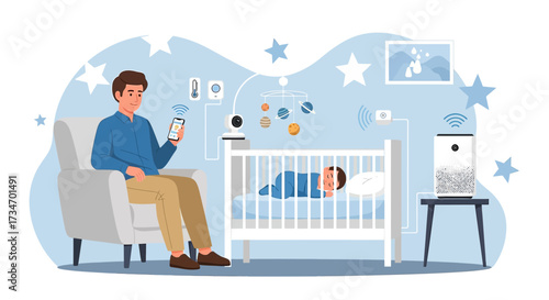 Modern parenting: father using smart home technology to monitor sleeping baby safely