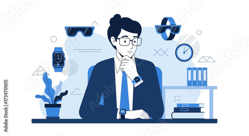 Pensive professional with smart accessories illustrating modern technology and style focused work