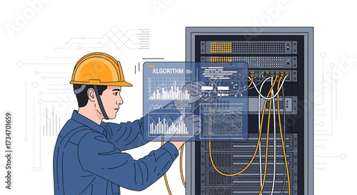 Network Engineer Analyzing Server Data with Algorithm Interface for Cybersecurity and Cloud
