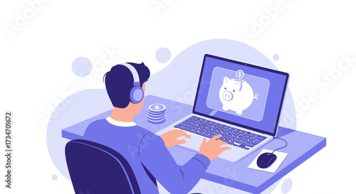 Person managing finances online with laptop, piggy bank symbolising savings and investment