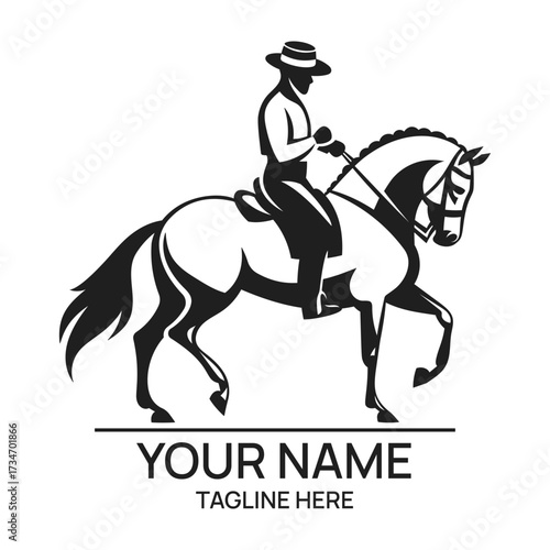 Elegant black and white illustration of a rider on a horse in dressage pose