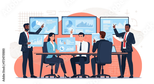 Professional business team discussing data analytics and financial reports in a meeting conference