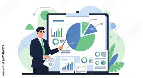 Professional businessman presents business data with charts and diagrams for analysis and