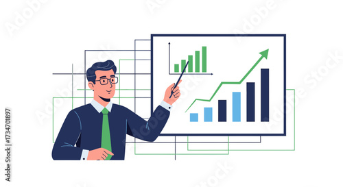 Professional businessman presenting positive financial growth chart illustration