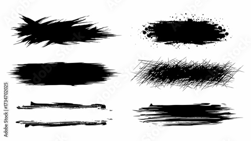 Set of diverse black grunge brush strokes and ink splatters, artistic design elements for texture and background