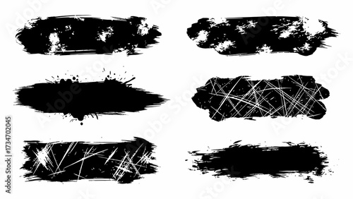 Collection of diverse black grunge brush strokes and textured paint smears for graphic design projects