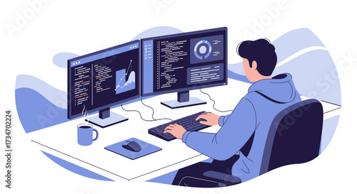 Professional programmer coding on multiple monitors at a workstation with cup and mousepad,
