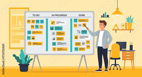 Project management Kanban board illustration with team member in an office scene