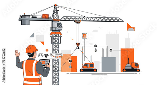 Smart construction with IoT technology: Engineer controlling crane using a digital tablet