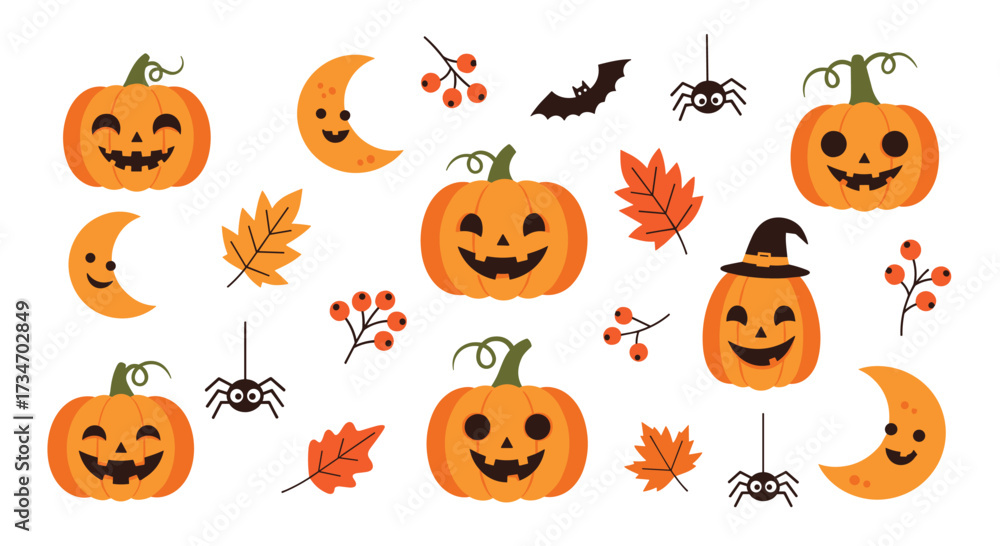 Fototapeta premium Happy halloween cute pumpkins and moons with autumn leaves and bats.