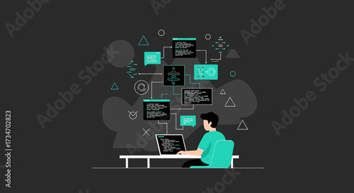 Software developer coding and debugging a program working with data flow diagrams illustration