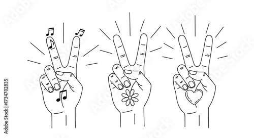 Three hands making the peace sign with musical notes and symbols.