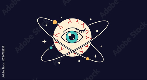 An abstract cosmic eyeball orbits through space surrounded by planets and stars.