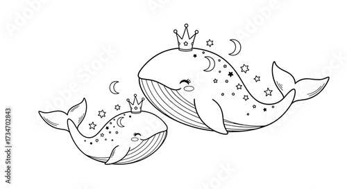 Whimsical watercolor mother and baby whale illustration with starry sky elements and crowns.