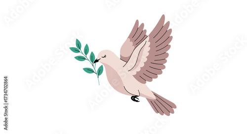 A dove carrying a branch in its beak symbolizes peace and hope.