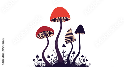 Whimsical forest fungi cluster in silhouette with vibrant caps.