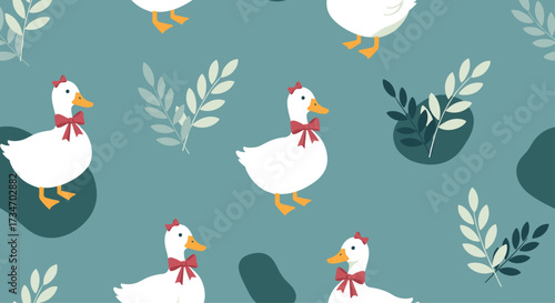 A charming pattern featuring adorable cartoon geese with red bows on their necks.
