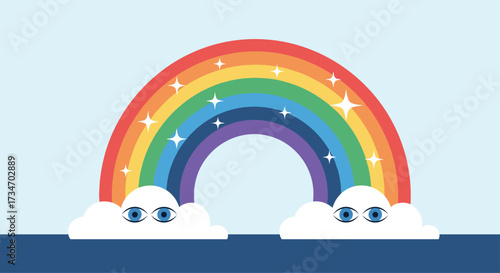 A colorful cartoon rainbow with smiling clouds appears in the sky.