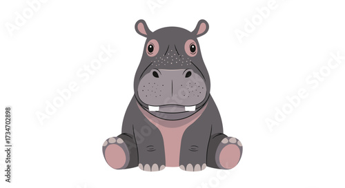 A cute cartoon hippopotamus sitting and smiling with its mouth open slightly.