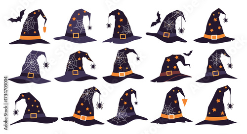 Collection of pixel art witch hats for Halloween decoration.