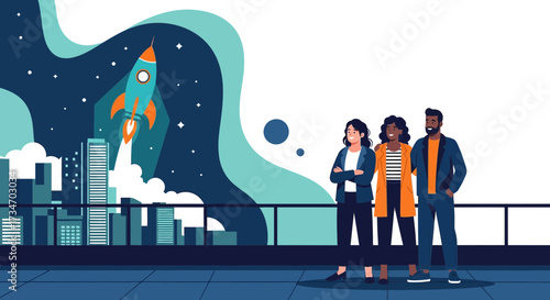 Team Celebrating a Successful Project Launch with Rocket Taking Off Over Cityscape