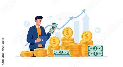 Successful investment and financial growth represented by stacks of coins and paper money showing