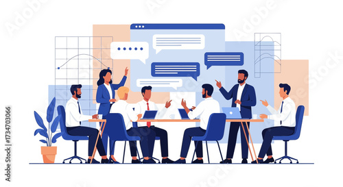 Team collaboration and brainstorming session in a corporate setting illustration
