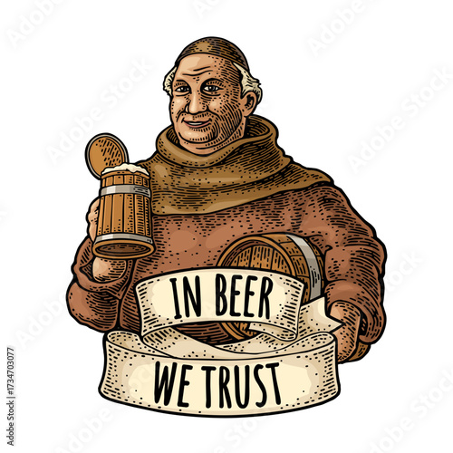 Monk holding wood beer mug and barrel. Vintage vector color engraving illustration for web, poster, invitation to party. Isolated on white background. Lettering on ribbon in beer we trust