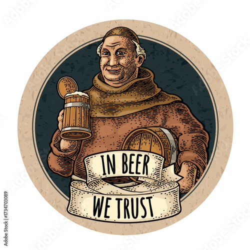 Monk holding wood beer mug and barrel. Vintage vector color engraving illustration on dark circle. Lettering on ribbon in beer we trust. Advertising design for coaster